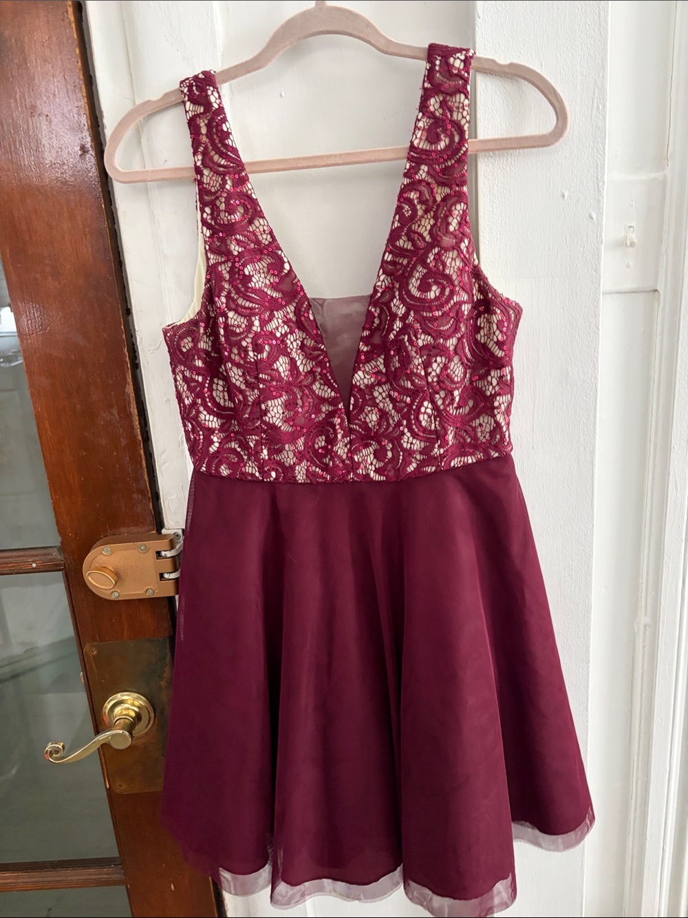 Plunging Lace Bodice Burgundy Party Dress
